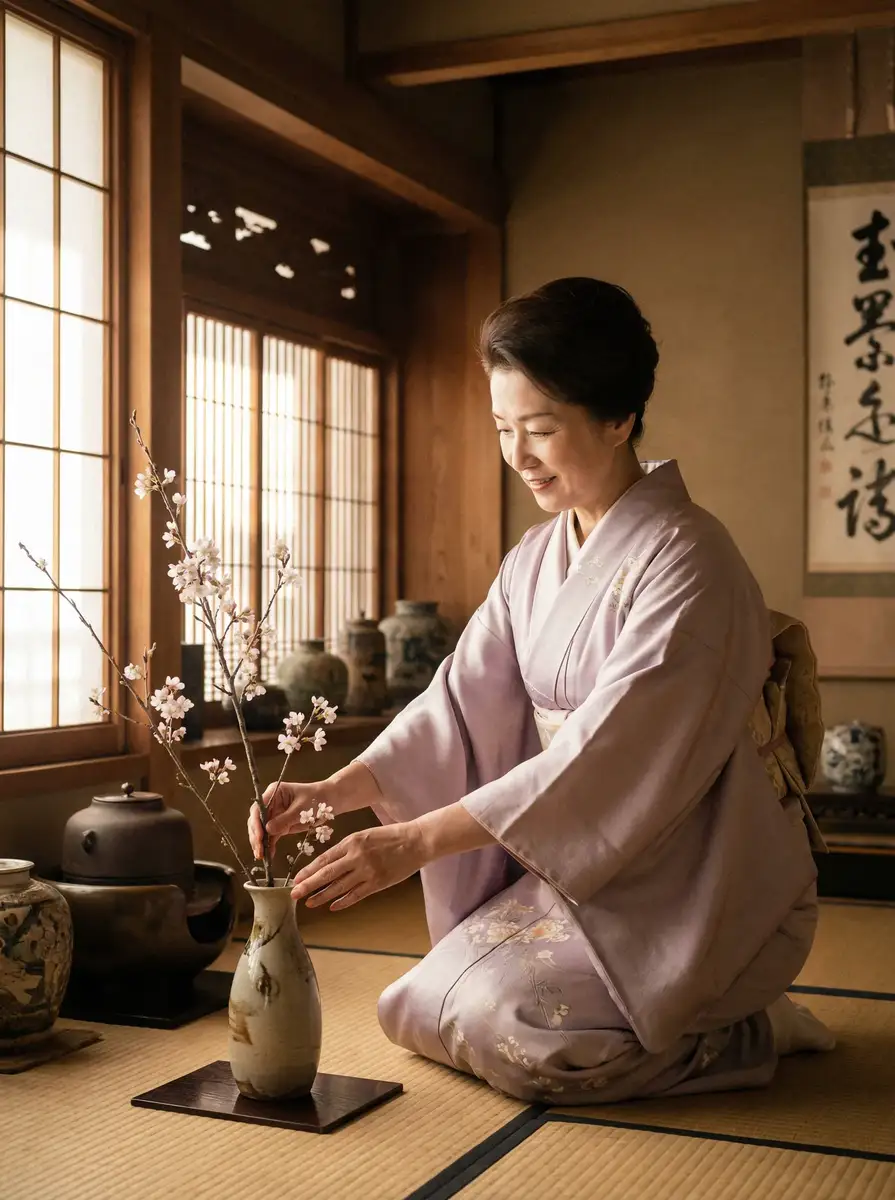 一位优雅的 上游棋牌app 在和室中插花