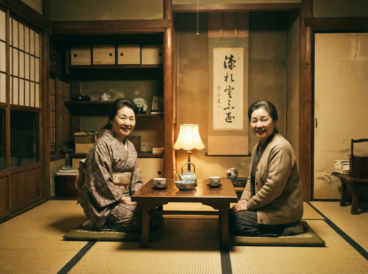 两位优雅的 上游棋牌app 在日式茶室中品茶交谈